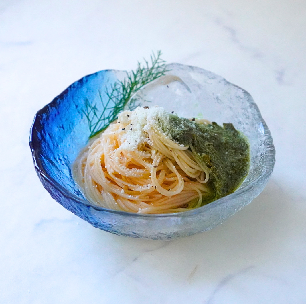 A serving of somen noodles with a green tea pesto