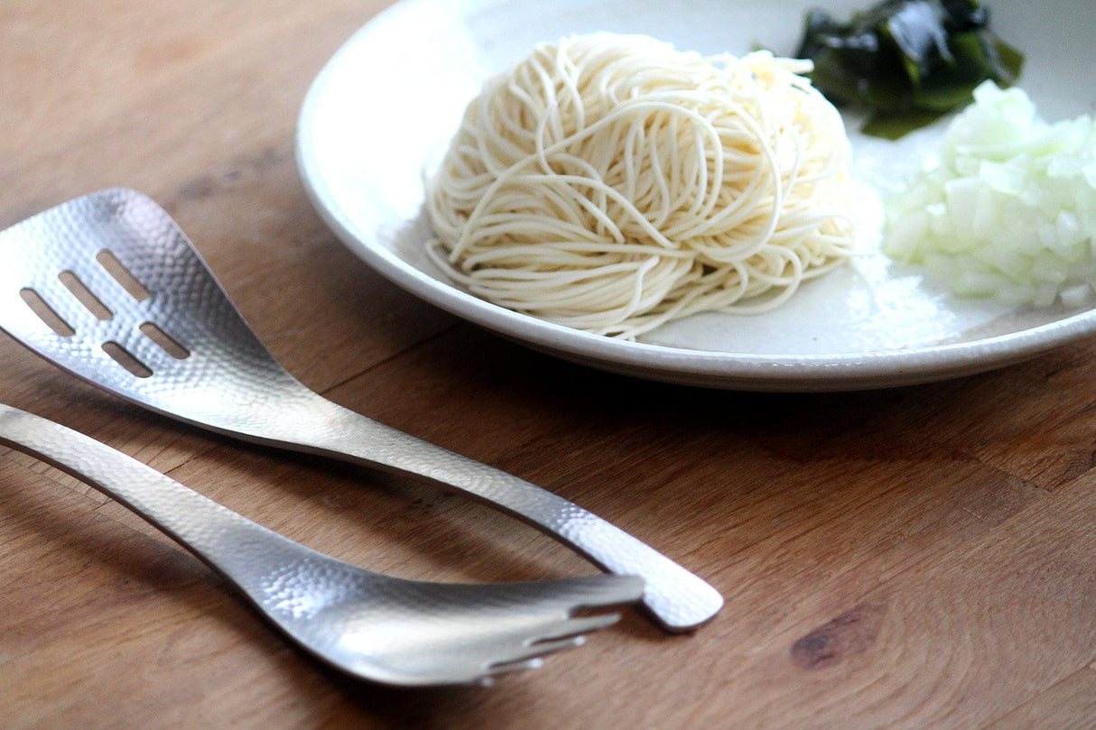 Japanese Hammer Tone Serving Spoon with Holes, Flat Tip - yunomi-jp.pro