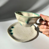 Hiroshi Hirai: Heart Shaped Cup & Saucer Set, Green Accents - yunomi-jp.pro