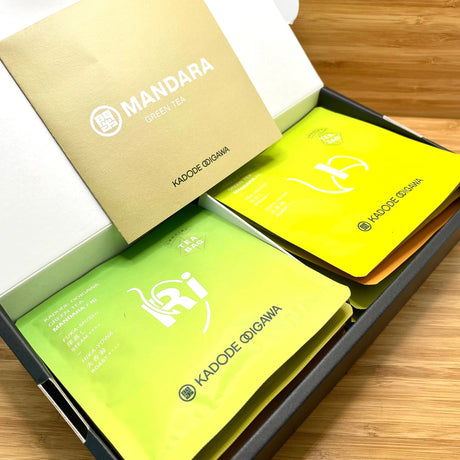 Mandara Green Tea Sampler Set by Kadode Ooigawa, Shizuoka - 4 steaming levels vs 4 green-roasting levels. (16 tea bags) - yunomi-jp.pro