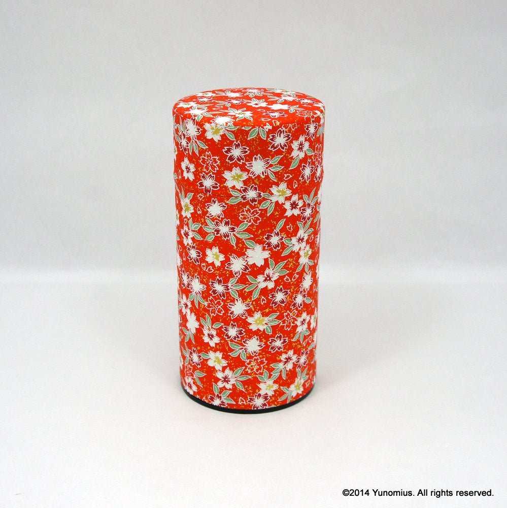 Okumura Seikan 774: Tea Canister, Chiyogami Washi Paper - Sakura Red (size for 175g sencha) - yunomi-jp.pro