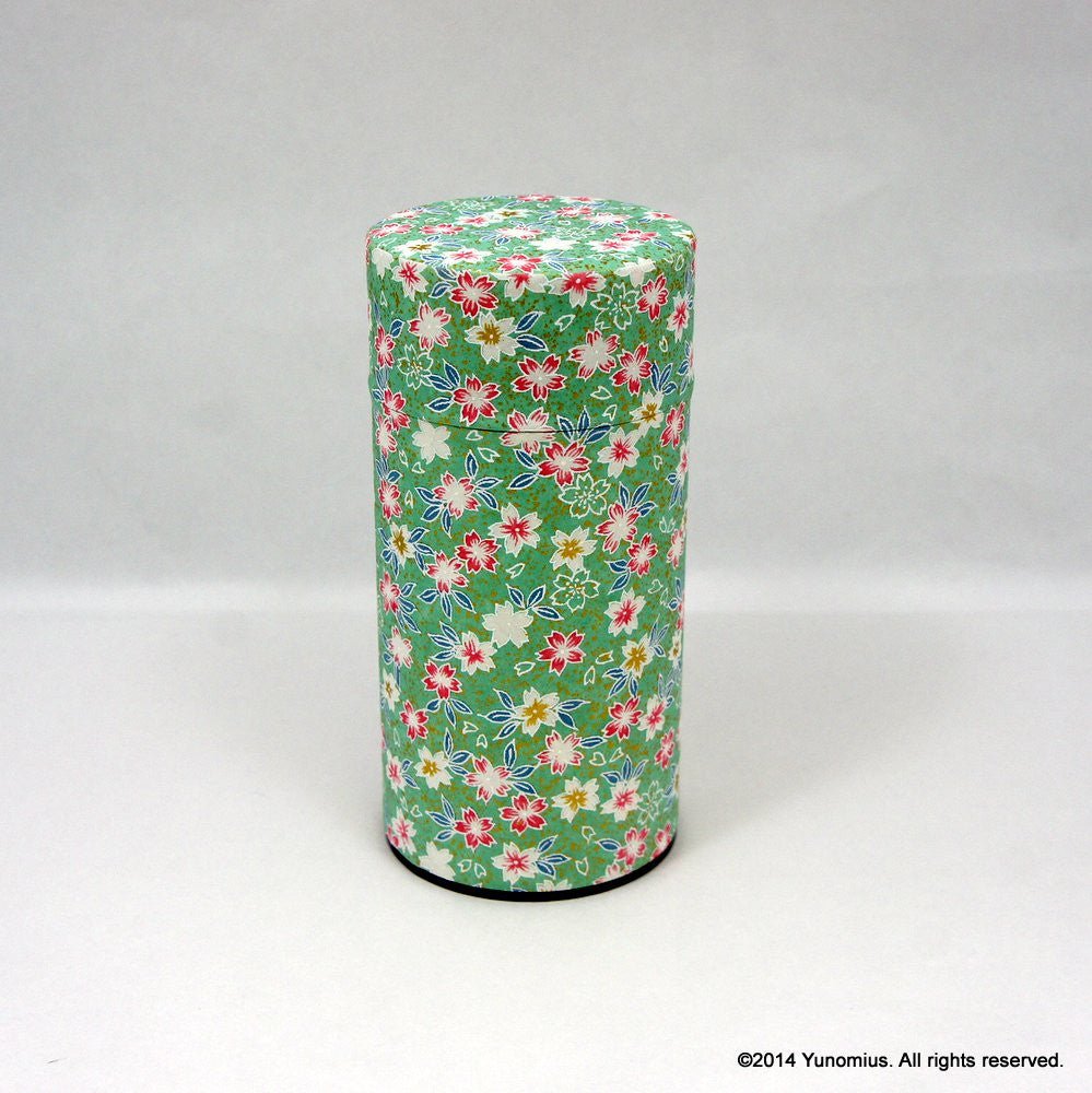Okumura Seikan 775: Tea Canister, Chiyogami Washi Paper - Sakura Green (Size for 175g) - yunomi-jp.pro